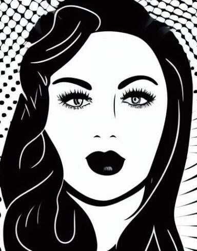 A black and white drawing of a woman’s face