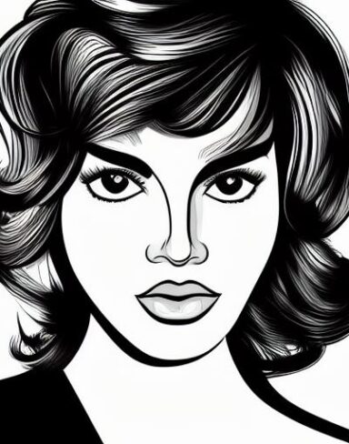 A black and white drawing of a woman’s face
