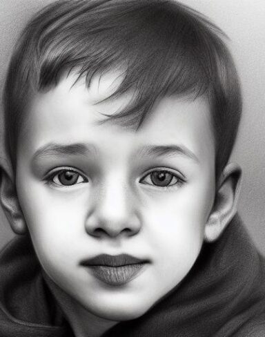 A black and white drawing of a young boy