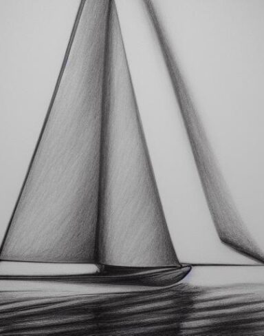 A black and white drawing of sailboat in the water
