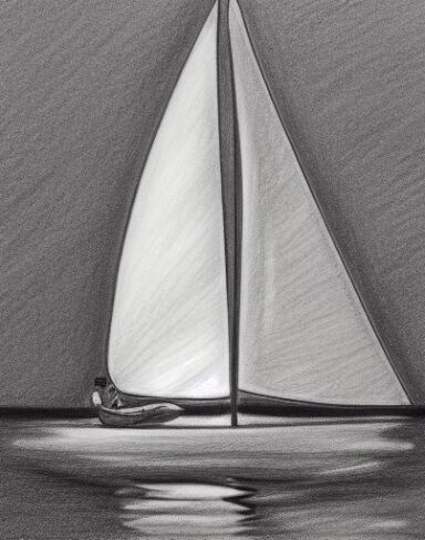 A black and white drawing of sailboat in the water