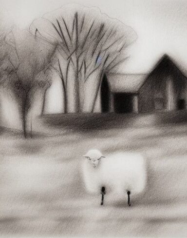 A black and white drawing of sheep and trees with a house behind