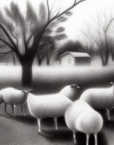 A black and white drawing of sheep in front of a barn with trees