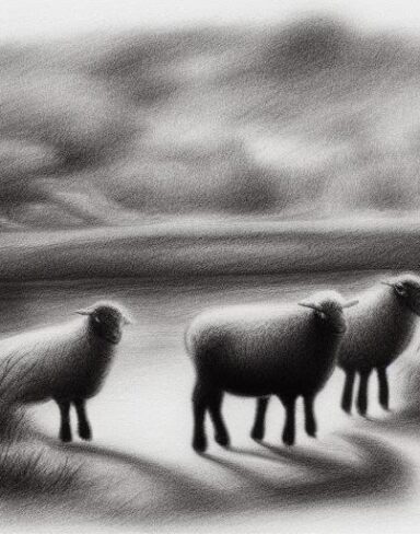 A black and white drawing of sheep in front of a river
