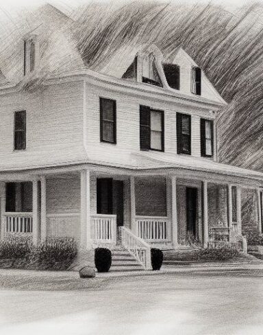 A black and white drawing of the house