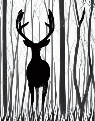 A black and white silhouette of a deer in a forest