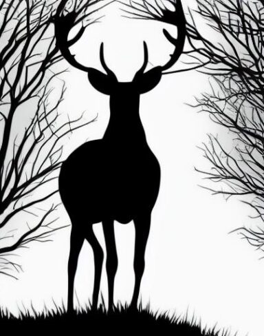 A black and white silhouette of a deer in a forest