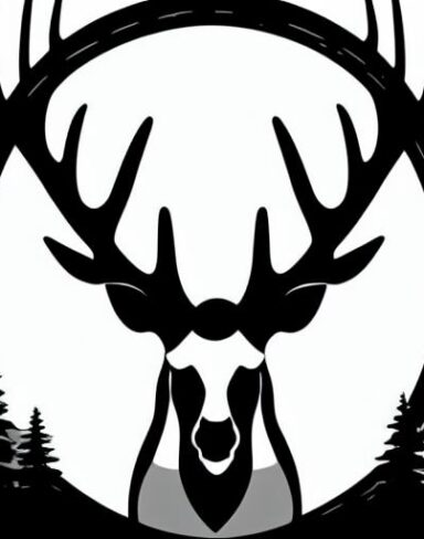 A black and white silhouette of a deer in a forest with a sun