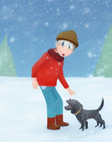 A boy and a dog in the snow