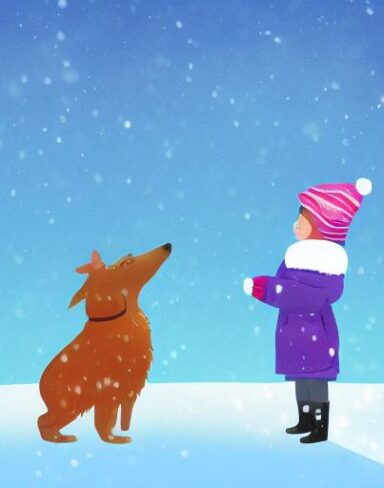 A boy standing next to a dog in the snow during winter
