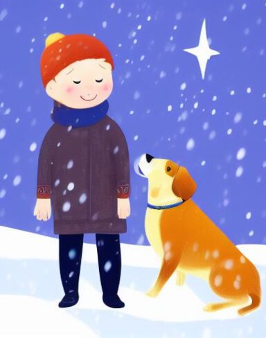 A boy standing with a dog in the snow