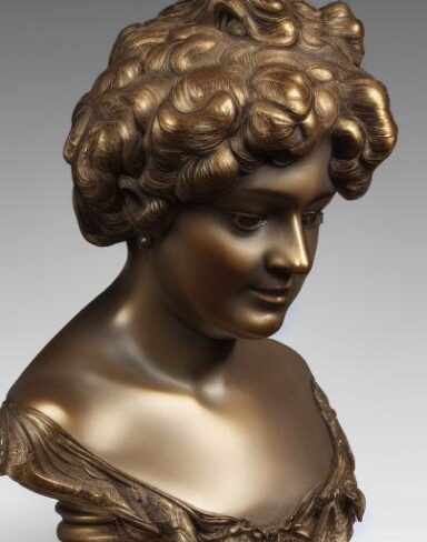 A bronze bust of a female wearing with a hat