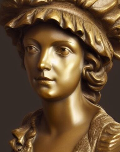 A bronze bust of a young lady wearing a hat