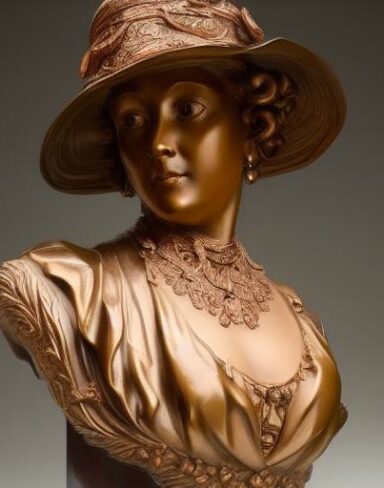 A bronze busturine of a pretty lady wearing a hat