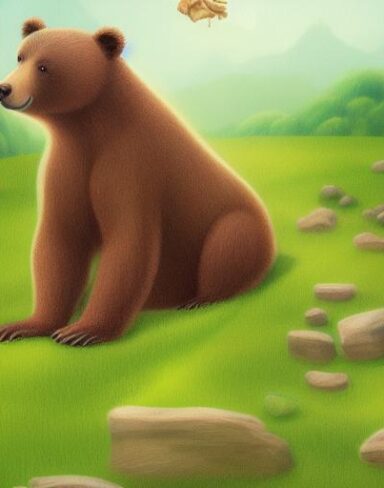 A brown bear sitting on top of a green field