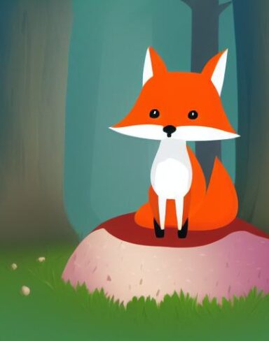 A cartoon fox sitting on the mushroom