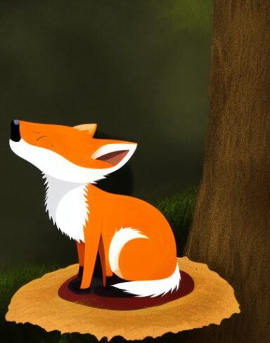A cartoon fox sitting on the mushroom