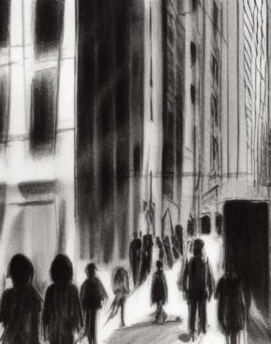 A charcoal art painting of people walking down a city street
