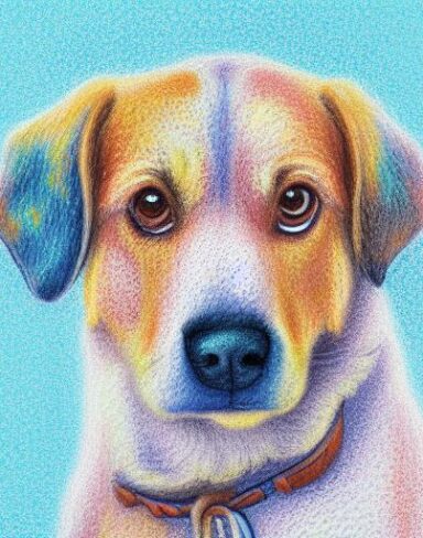 A close up of a painting of a dog with light blue background