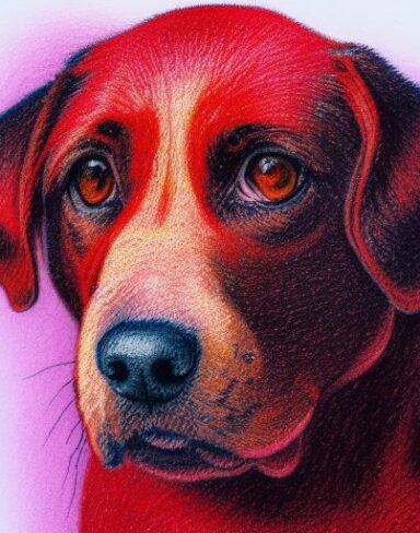 A close up of a painting of a dog with red background
