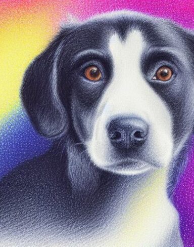 A close up of a painting of a joyful dog with white background