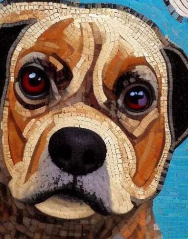 A close up of mosaic of a dog