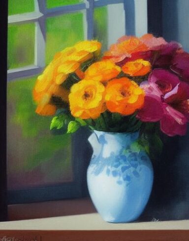 A color painting of flowers in a vase on a window side