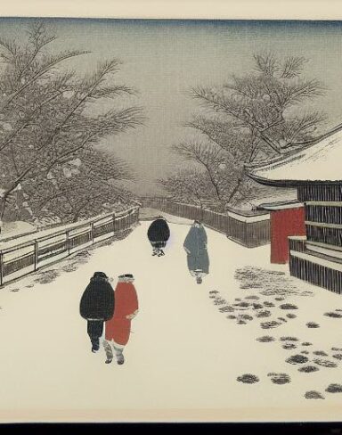 A couple of people walking down a snow covered street