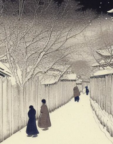 A couple of people walking down a snow covered street