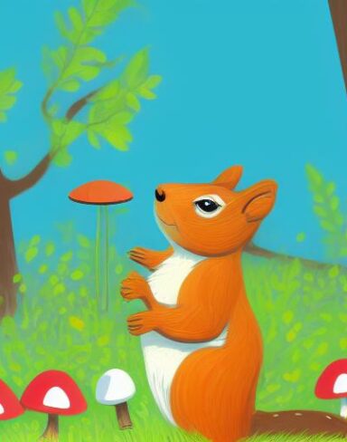 A couple of squirrels and some mushrooms