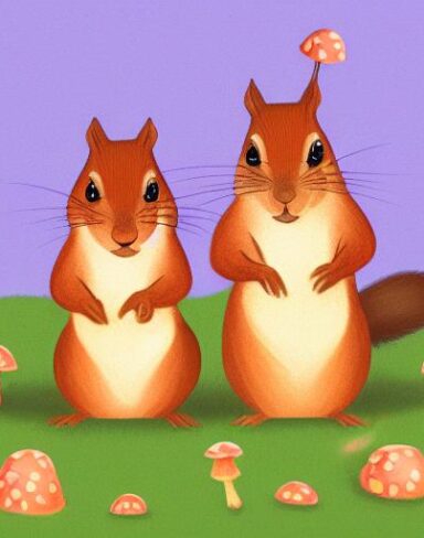 A couple of squirrels near mushrooms