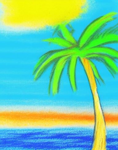 A crayon color painting of a palm tree on a beach