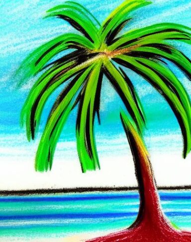 A crayon hand draw a painting of palm tree the a beach