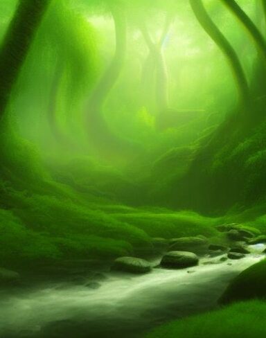 A curve stream running through the green forest