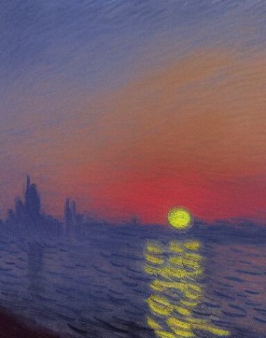 A dark painting of a building next to a body of water at sunset time