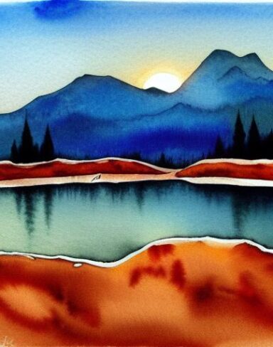 A detailed watercolor painting of a river with a mountain and rocks in the background at sunset