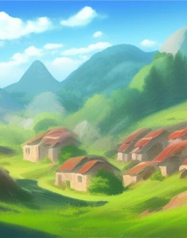 A digital art of a small village mountains