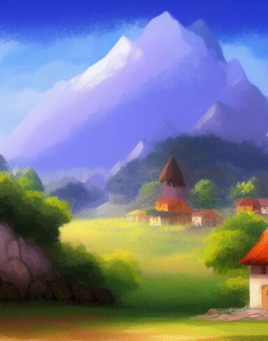 A digital art painting of a small village with mountain