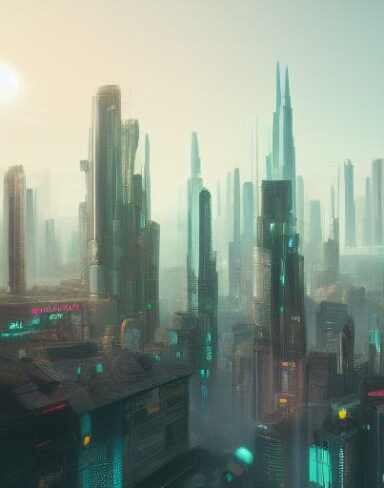 A digital city filled with lots of tall buildings and citizens