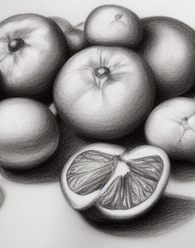 A drawing of a group of oranges on a table