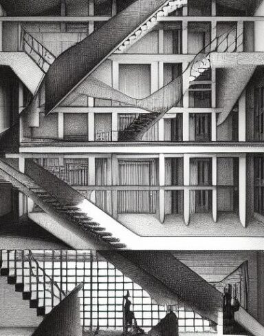 A drawing of lots of staircases in a building