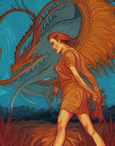 A girl that is standing in front of a dragon