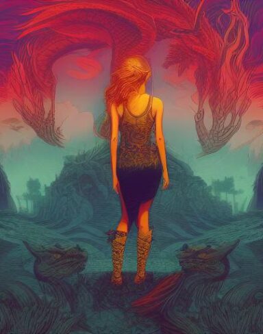 A girl that is standing in front of the dragons