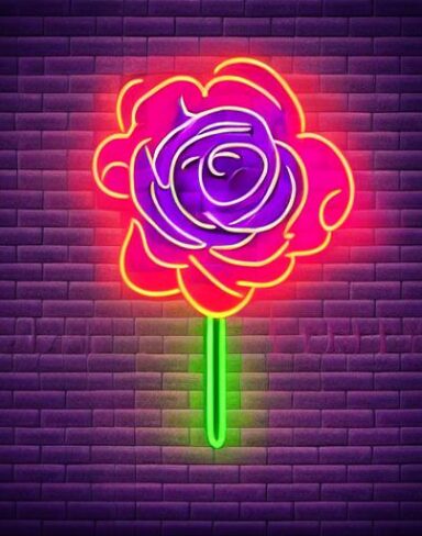 A glowing purple flower neon sign on a brick wall
