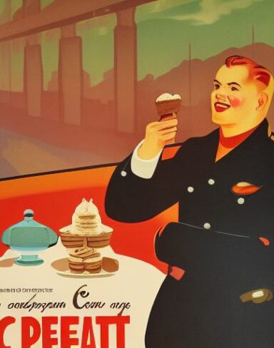 A man holding a cup of ice cream in front of a plate of dessert