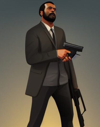 A man in a suit holding a gun