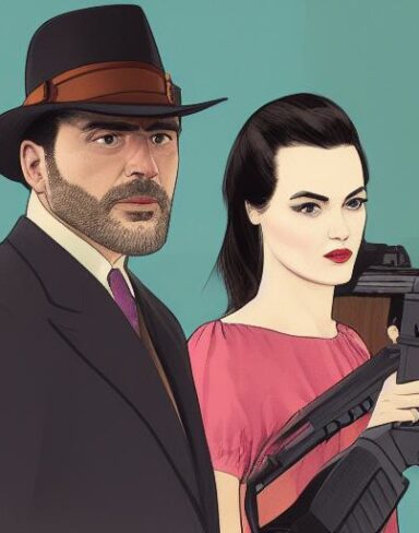 A man standing next to a woman holding a gun
