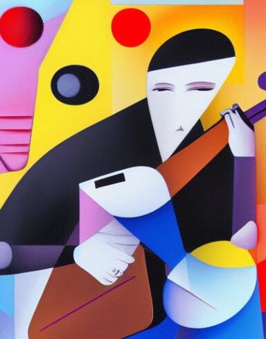 A melancholic painting of a man playing a guitar