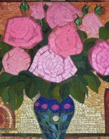 A mosaic of pink roses in a vase