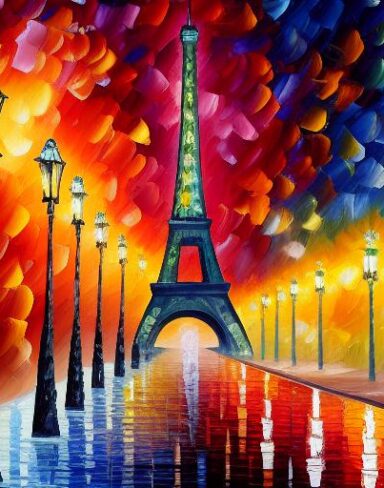 A painting of a Eiffel tower at night